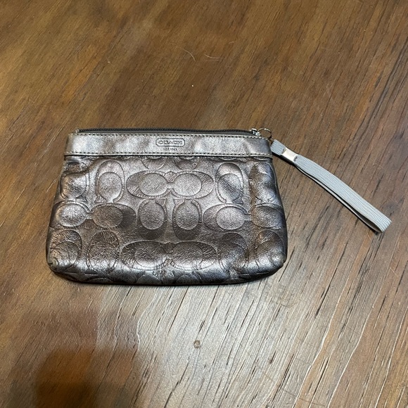 Coach Signature Print Silver Metallic Wristlet - Picture 4 of 4